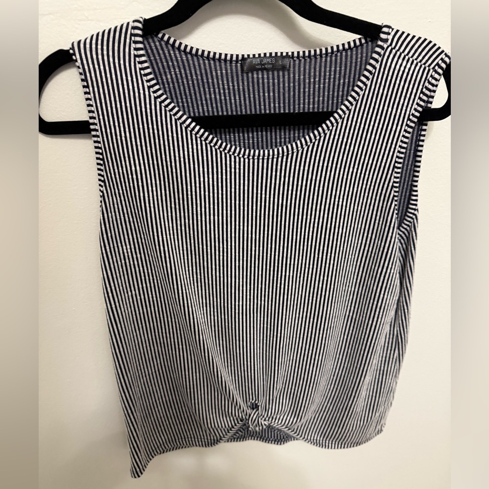 Ava James ladies L  Navy and White Striped Tank Top